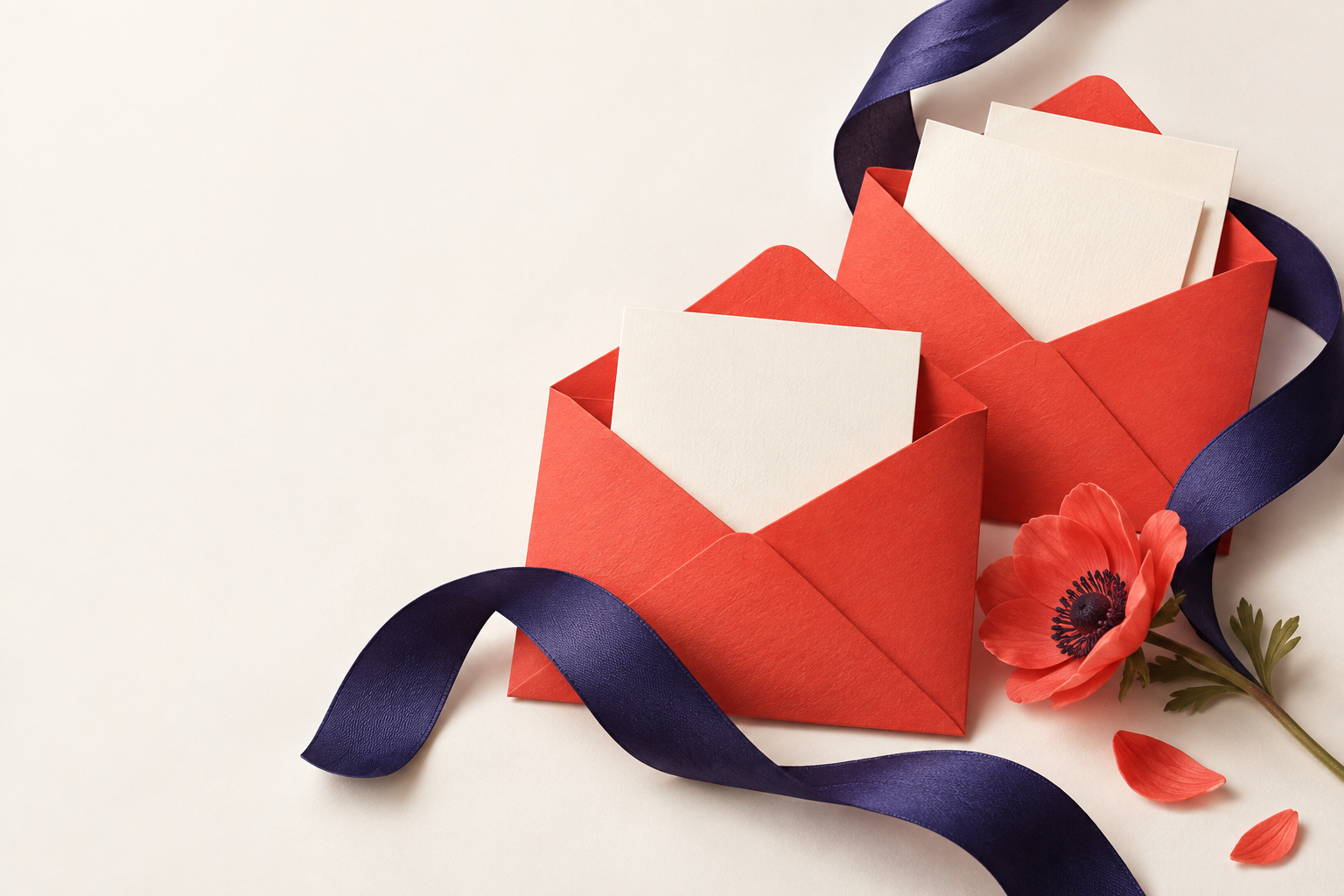 Coral envelopes, handwritten-note paper and an indigo ribbon